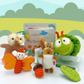Load image into Gallery viewer, Joyful Jellybean Garden themed toys including a baby toy owl, baby toy butterfly, baby toy squirrel, baby toy caterpillar and baby toy garden activity book