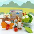 Load image into Gallery viewer, Joyful Jellybean Garden themed toys including a baby toy owl, baby toy butterfly, baby toy squirrel, baby toy caterpillar and baby toy garden activity book
